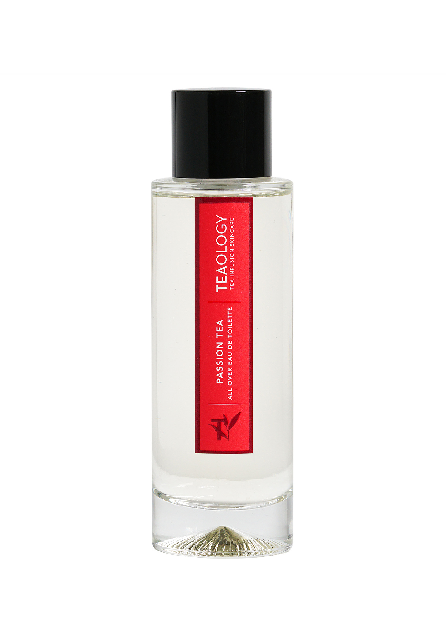 Flasche des Parfüms 'Passion Tea' von Teaology mit rotem Etikett und schwarzem Deckel.