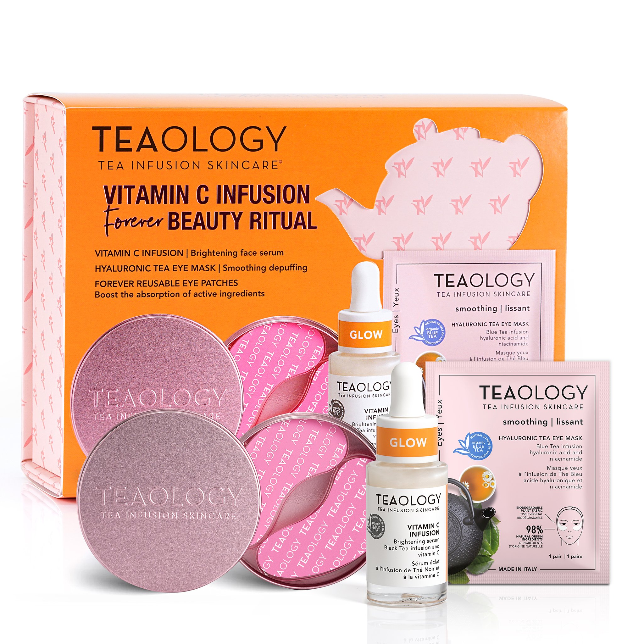 TEAOLOGY Vitamin C Infusion Forever Beauty Ritual Set mit Gesichtspflegeprodukten, Augenpads und Hyaluronsäure-Augenmaske.