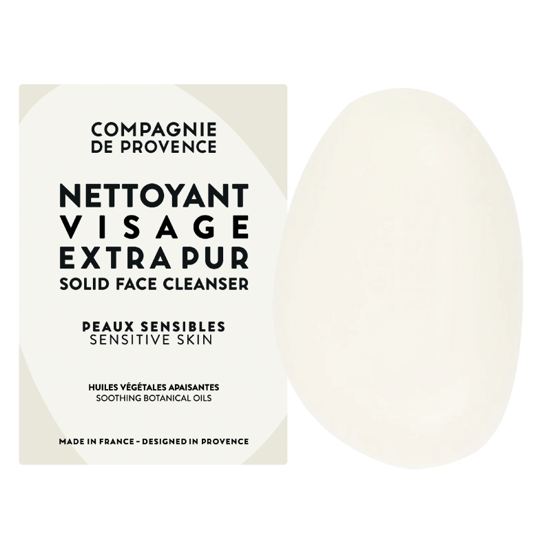 Bild eines festen Gesichtsreinigers für empfindliche Haut von Compagnie de Provence. Verpackung mit Text in Französisch und Englisch.