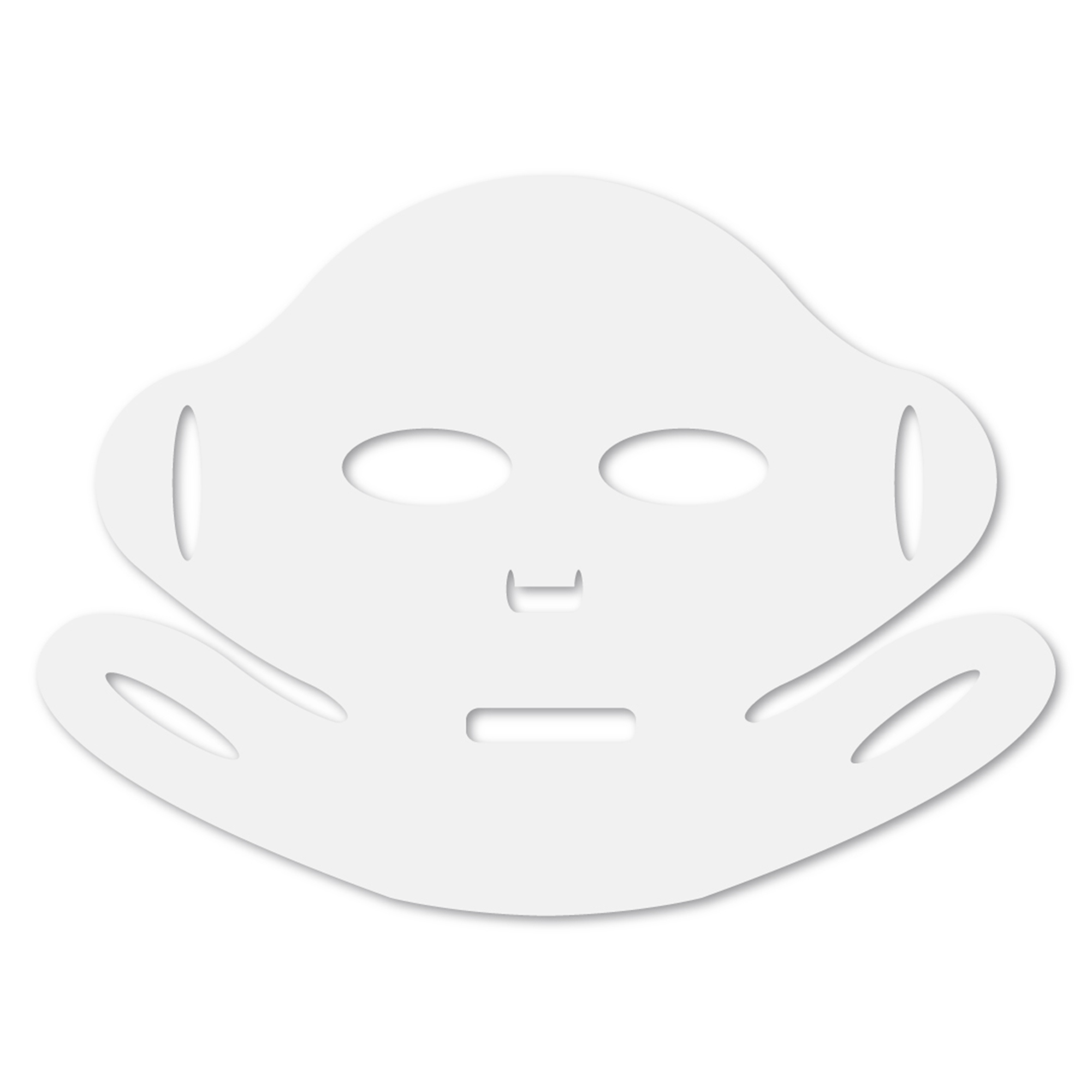 Weiße Gesichtsmaske mit Augen-, Nasen- und Mundöffnungen auf weißem Hintergrund.