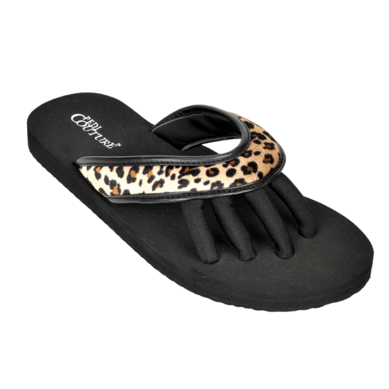 Schwarze Pediküre-Sandale mit Leopardenmuster und Zehentrennern.