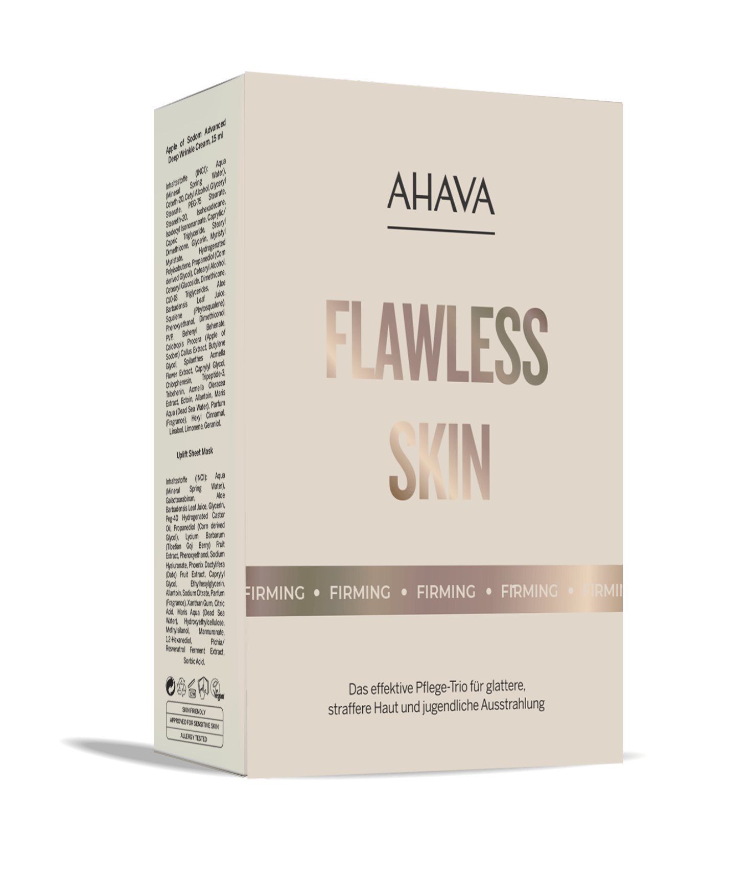 Verpackung des Ahava Flawless Skin Sets, ein Pflege-Trio für glattere, straffere Haut und jugendliche Ausstrahlung.