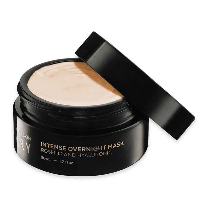 Votary Intense Overnight Mask mit Hagebutte und Hyaluron, 50ml, schwarzer Tiegel mit offenem Deckel.