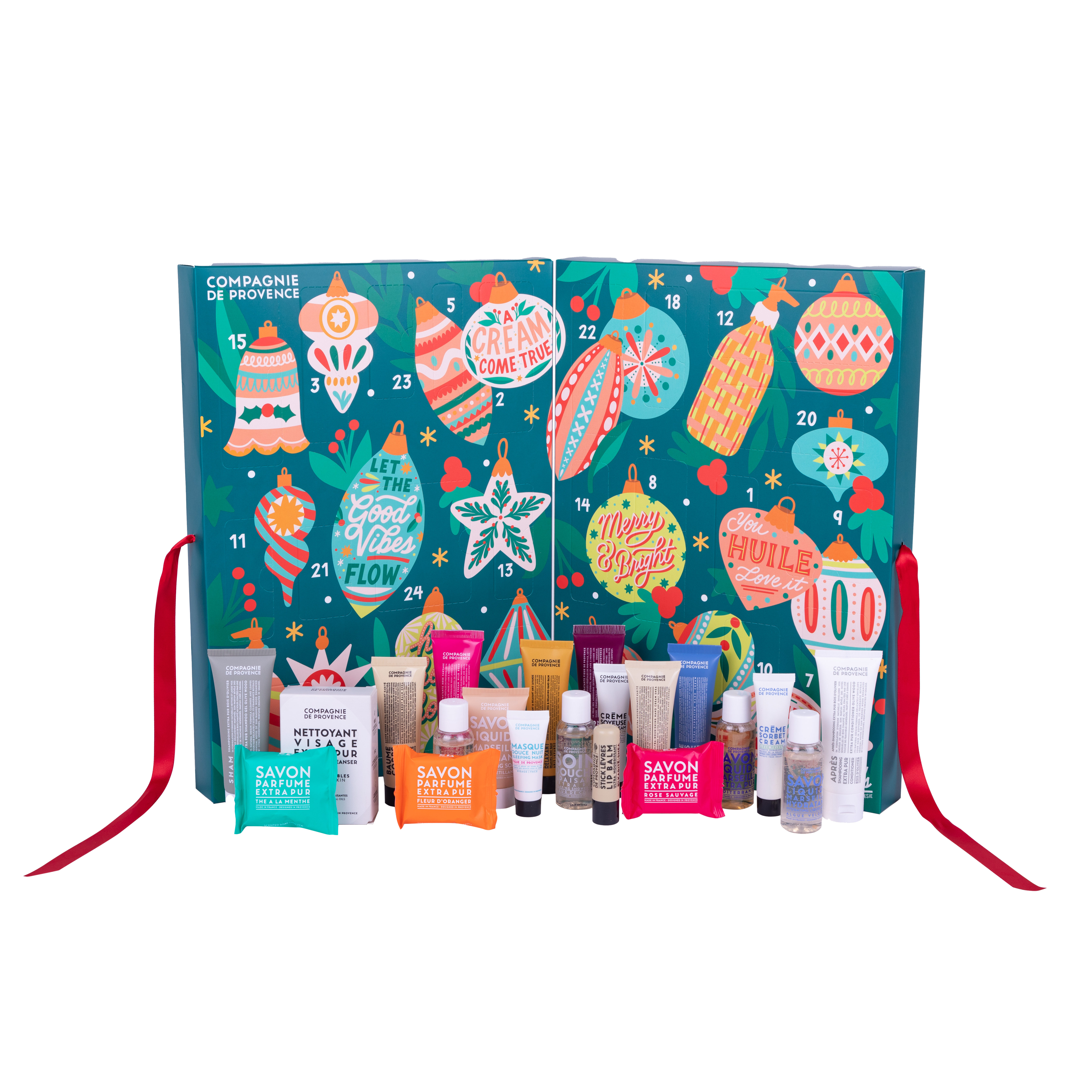 Ein bunter Adventskalender mit Pflegeprodukten von Compagnie de Provence, geöffnet und mit 24 nummerierten Türchen und Produkten.