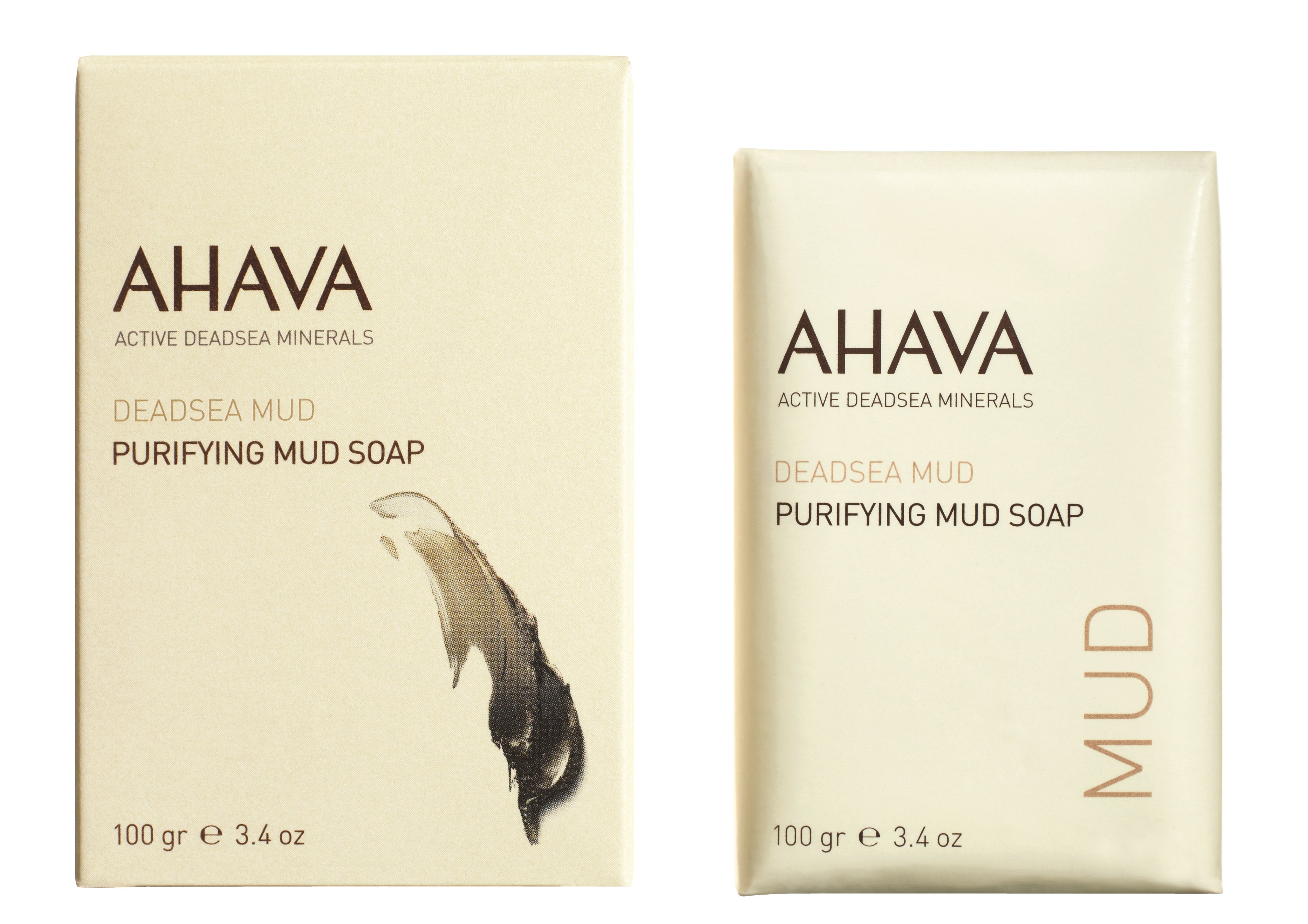 0697045153060 AHAVA Dead Sea Mud Seife, 100g, Verpackung und Seifenstück nebeneinander.