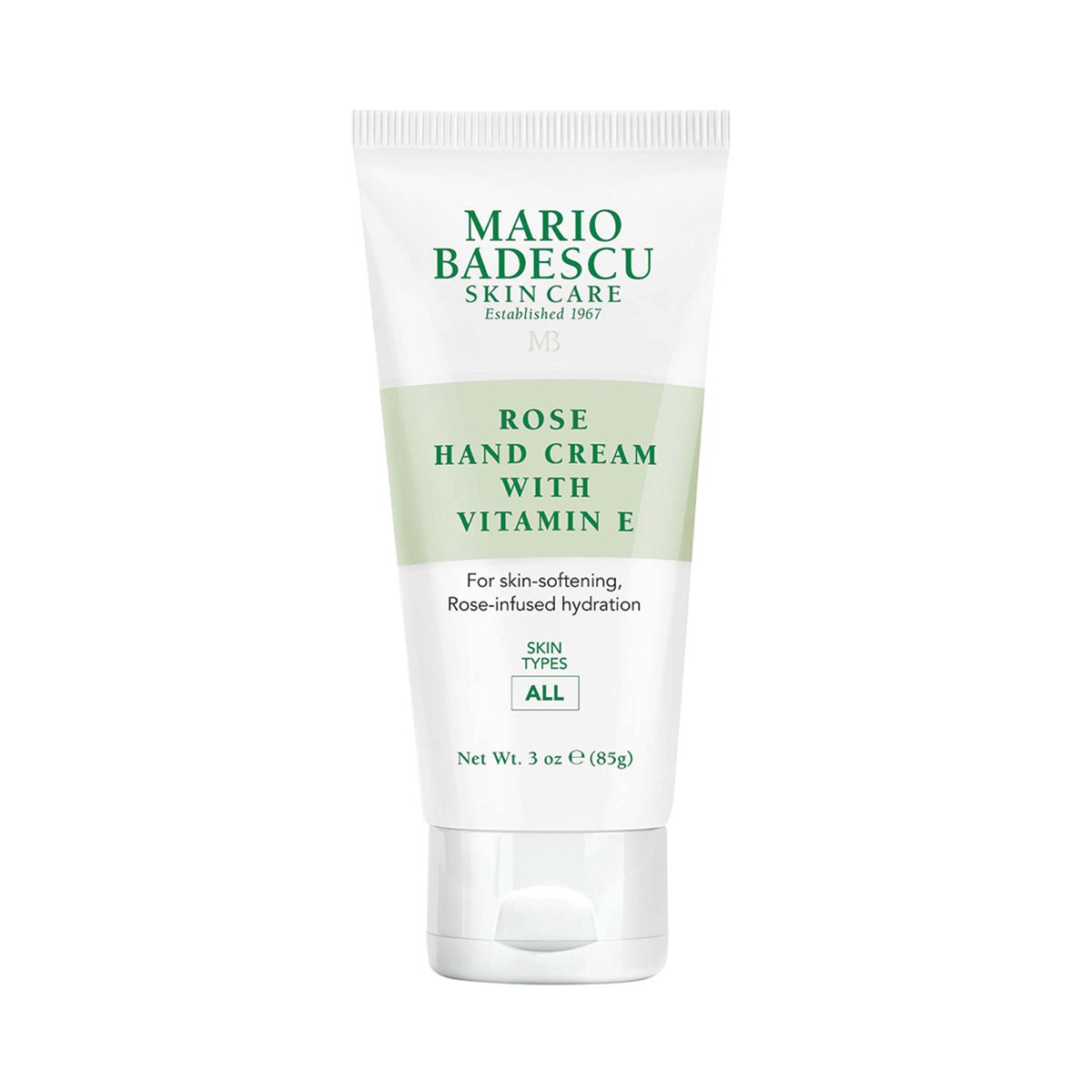 Tube der Mario Badescu Rose Hand Cream mit Vitamin E auf weißem Hintergrund.