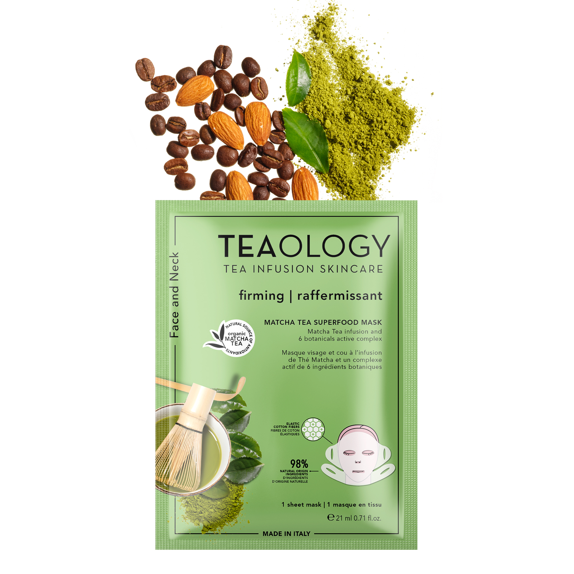 Teemaske von Teaology mit Matcha, Kaffeebohnen und Mandeln, 21 ml, für Gesicht und Hals, festigend, 98% natürliche Inhaltsstoffe.