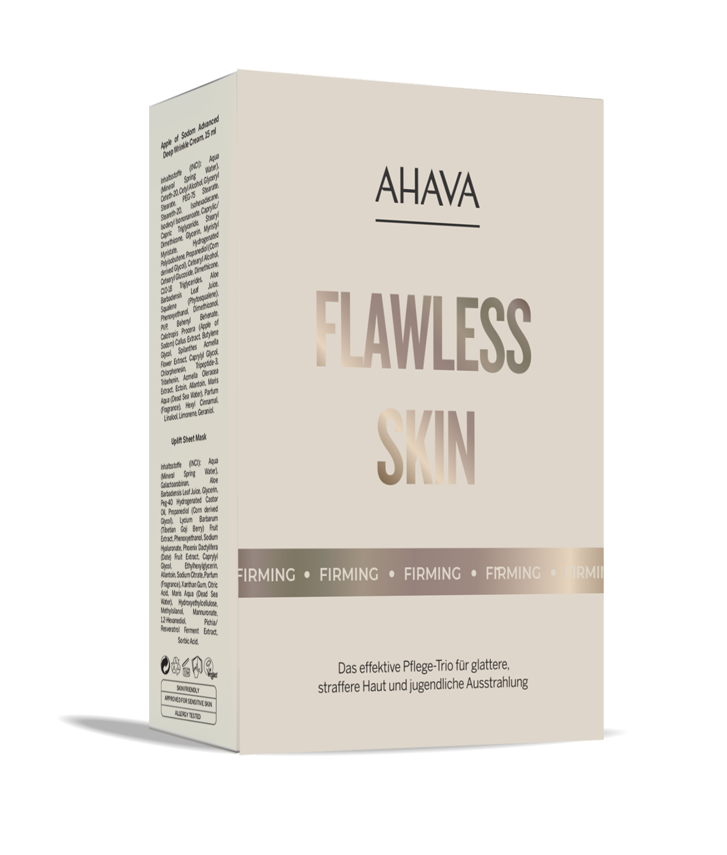 Flawless-Skin-Set-Ahava Verpackung des Ahava Flawless Skin Sets, ein Pflege-Trio für glattere, straffere Haut und jugendliche Ausstrahlung.