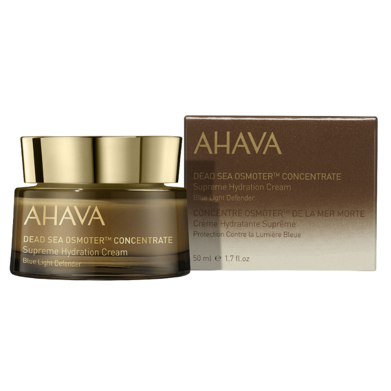 AHAVA-DEAD-SEA-OSMOTER-SUPREME-HYDRATION-CREAM AHAVA Dead Sea Osmoter Supreme Hydration Cream, 50 ml, in goldener Verpackung neben der Produktbox.