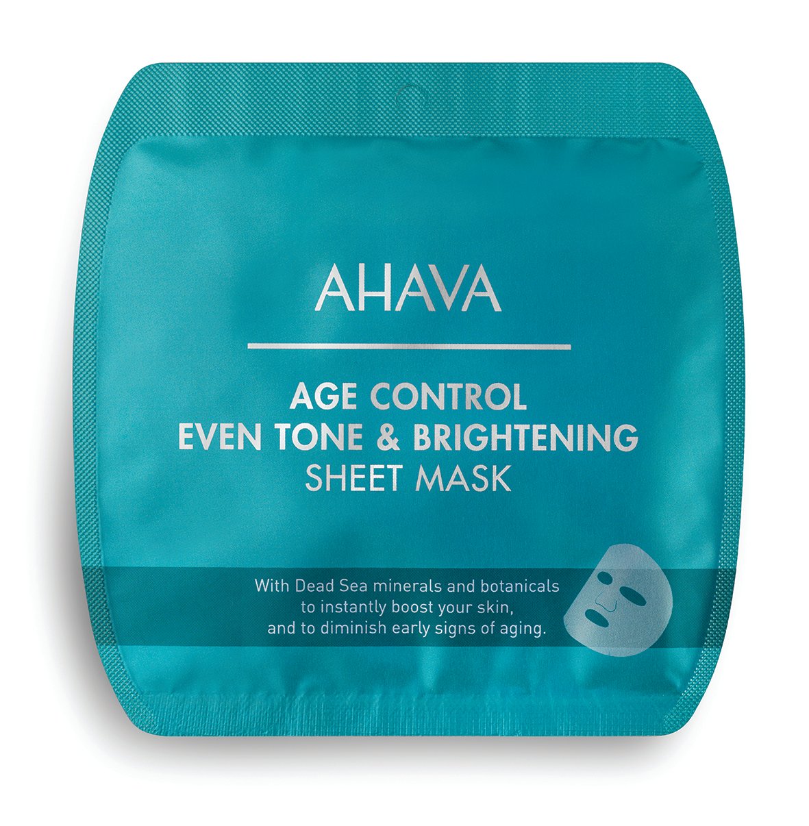 0697045159765 AHAVA Age Control Even Tone & Brightening Sheet Mask in grüner Verpackung mit Text über Inhaltsstoffe und Anwendung.
