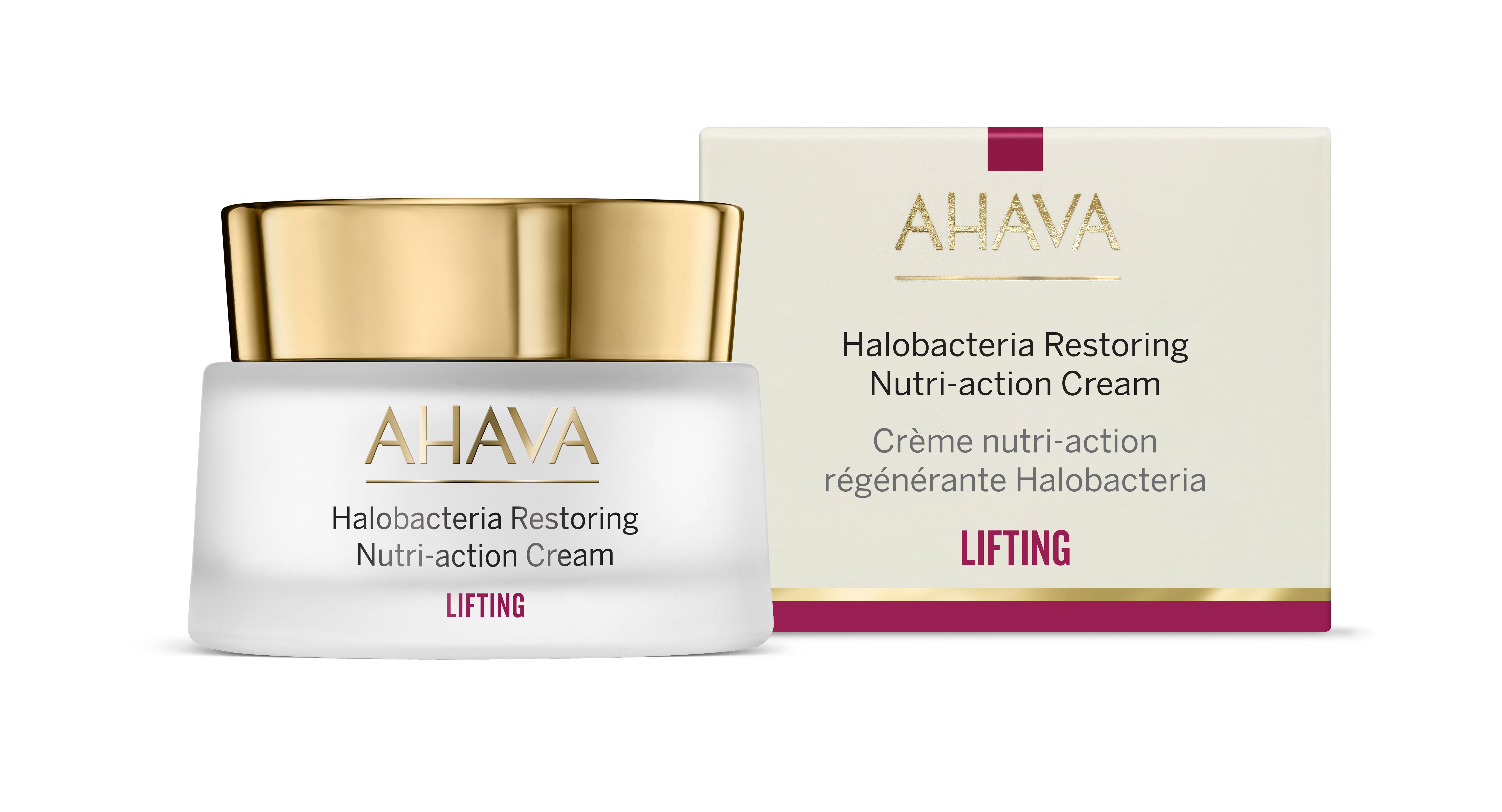 Halobacteria-Creme-Ahava AHAVA Halobacteria Restoring Nutri-action Creme in weißem Tiegel mit goldfarbenem Deckel und passender Verpackung.