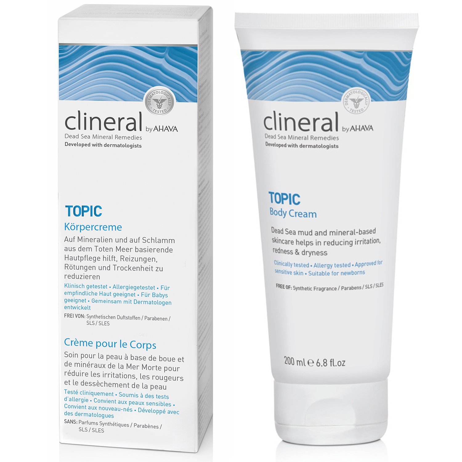 Clineral by AHAVA TOPIC Körpercreme, 200 ml Tube und Verpackung, basierend auf Mineralien und Schlamm aus dem Toten Meer.