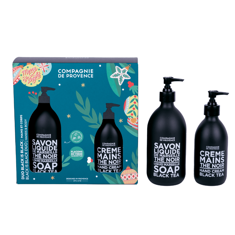 Schwarzes Teepflege-Set: Flüssigseife und Handcreme von Compagnie de Provence in dekorativer Verpackung.