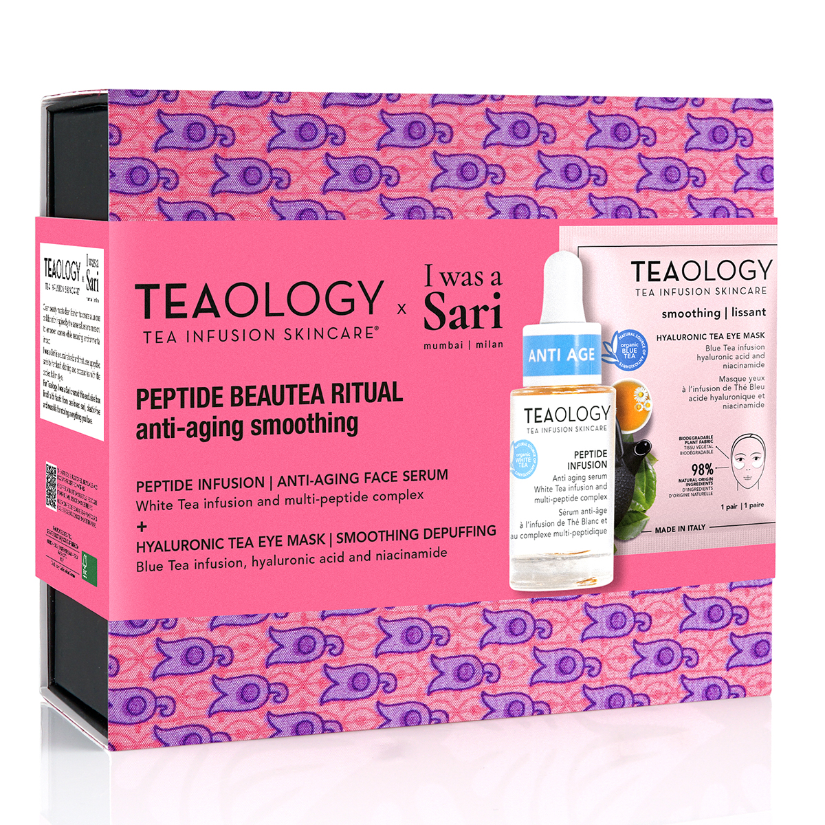 Verpackung von Teaology Peptide Beautea Ritual Anti-Aging-Set mit Serum und Augenmaske vor weißem Hintergrund.
