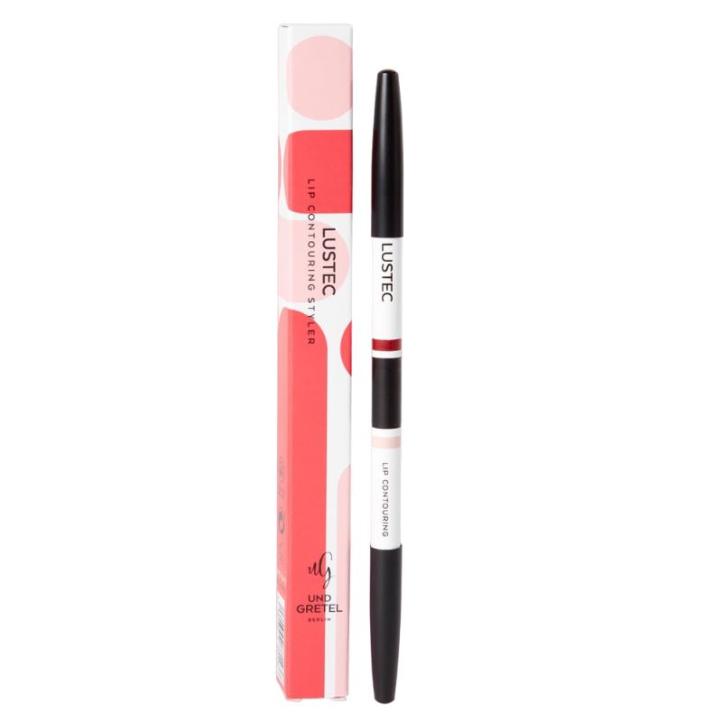 UND GRETEL LUSTEC Lip Contouring Styler 05 Hot Red, Lippenkonturenstift neben Verpackung.