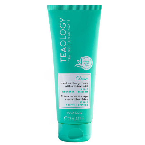 Grüner Behälter der Marke Teaology mit antibakterieller Hand- und Körpercreme, 75 ml.