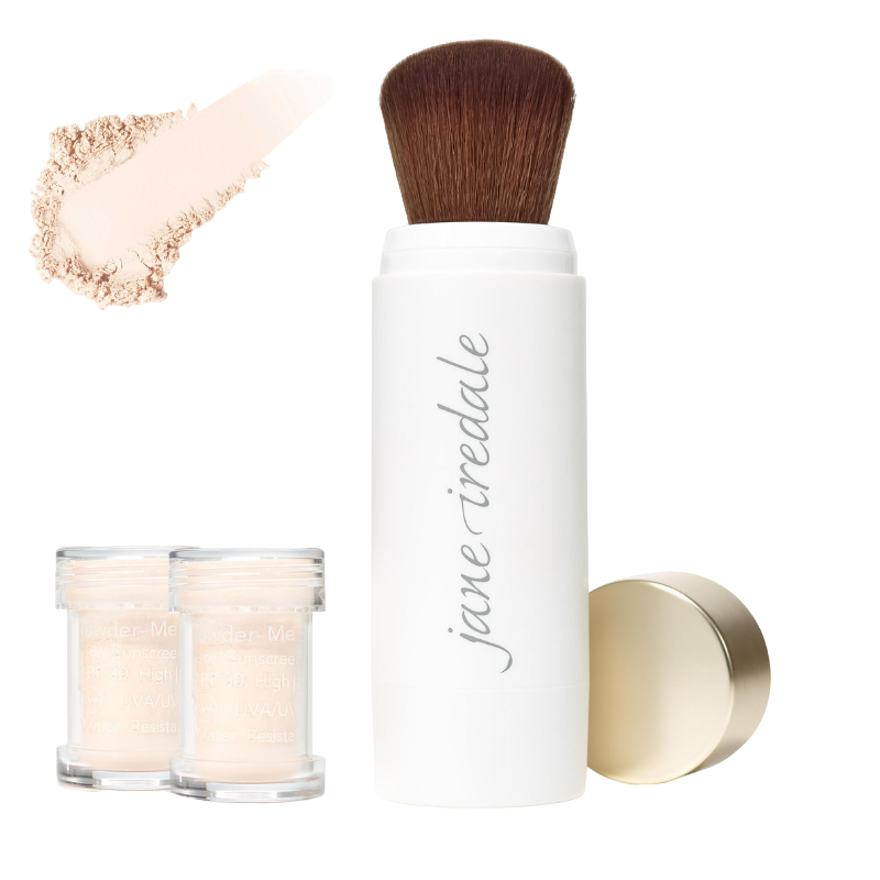 Jane Iredale Powder-Me SPF Pinsel Translucent, Puder und Nachfüllpackungen.