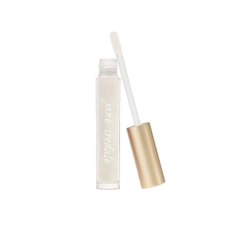 Ein offener Lipgloss-Behälter mit Applikator, gefüllt mit klarem HydroPure Hyaluronic Lip Gloss.