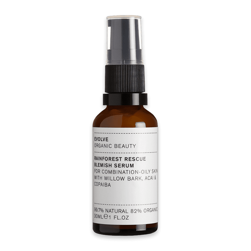 evolve-organic-beauty-rainforest-rescue-blemish-serum_optimized Evolve Organic Beauty Rainforest Rescue Blemish Serum für Mischhaut und fettige Haut, 30 ml Flasche.