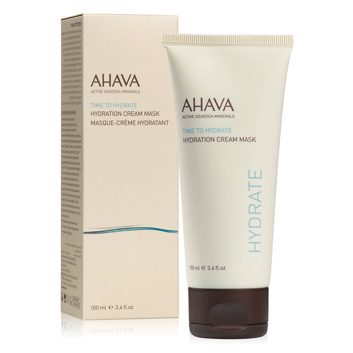 AHAVA Time to Hydrate Hydration Cream Mask, 100 ml Tube neben Verpackung.