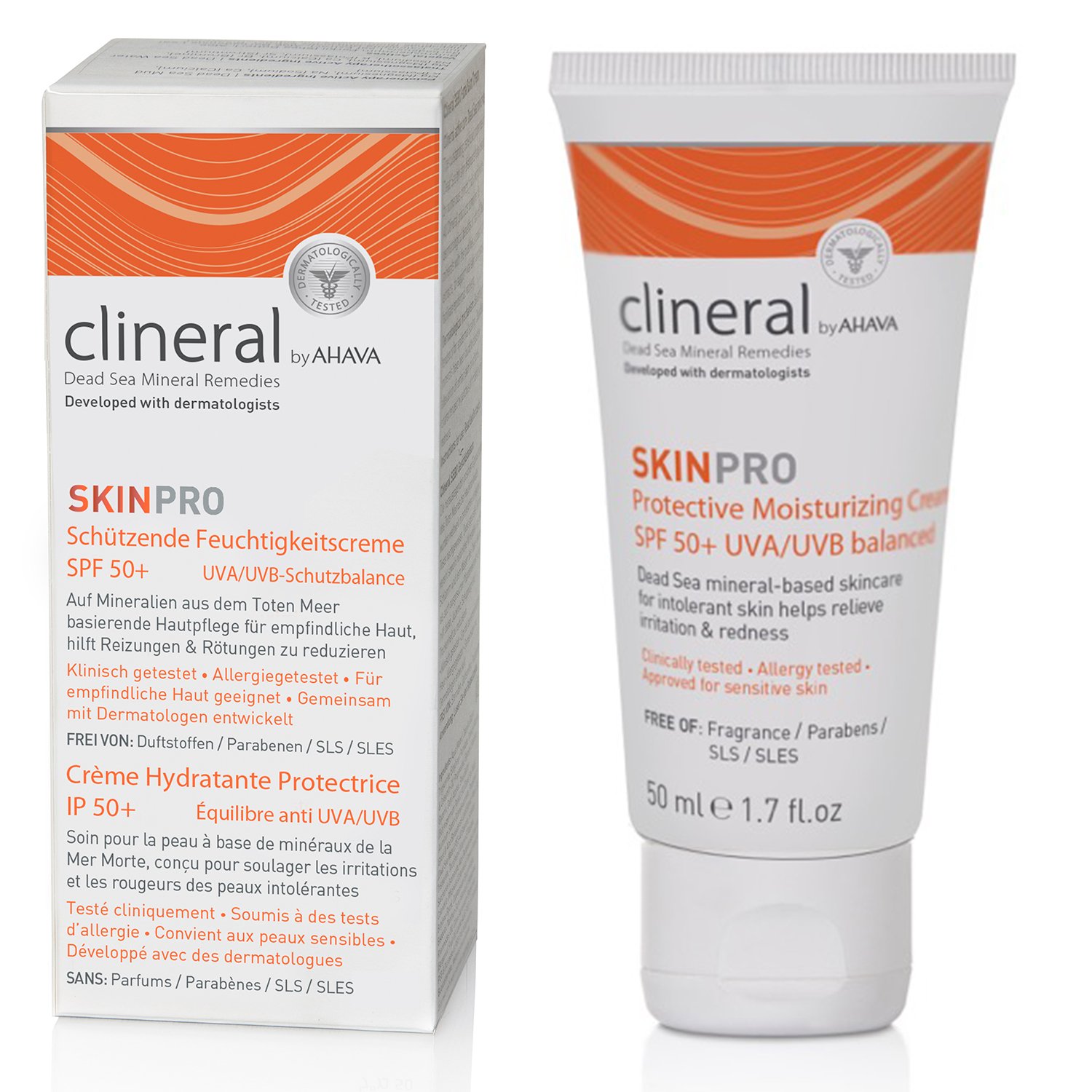 SKINPRO-SPF50 Clineral by AHAVA SKINPRO Schützende Feuchtigkeitscreme SPF 50+, 50 ml Tube und Verpackung.