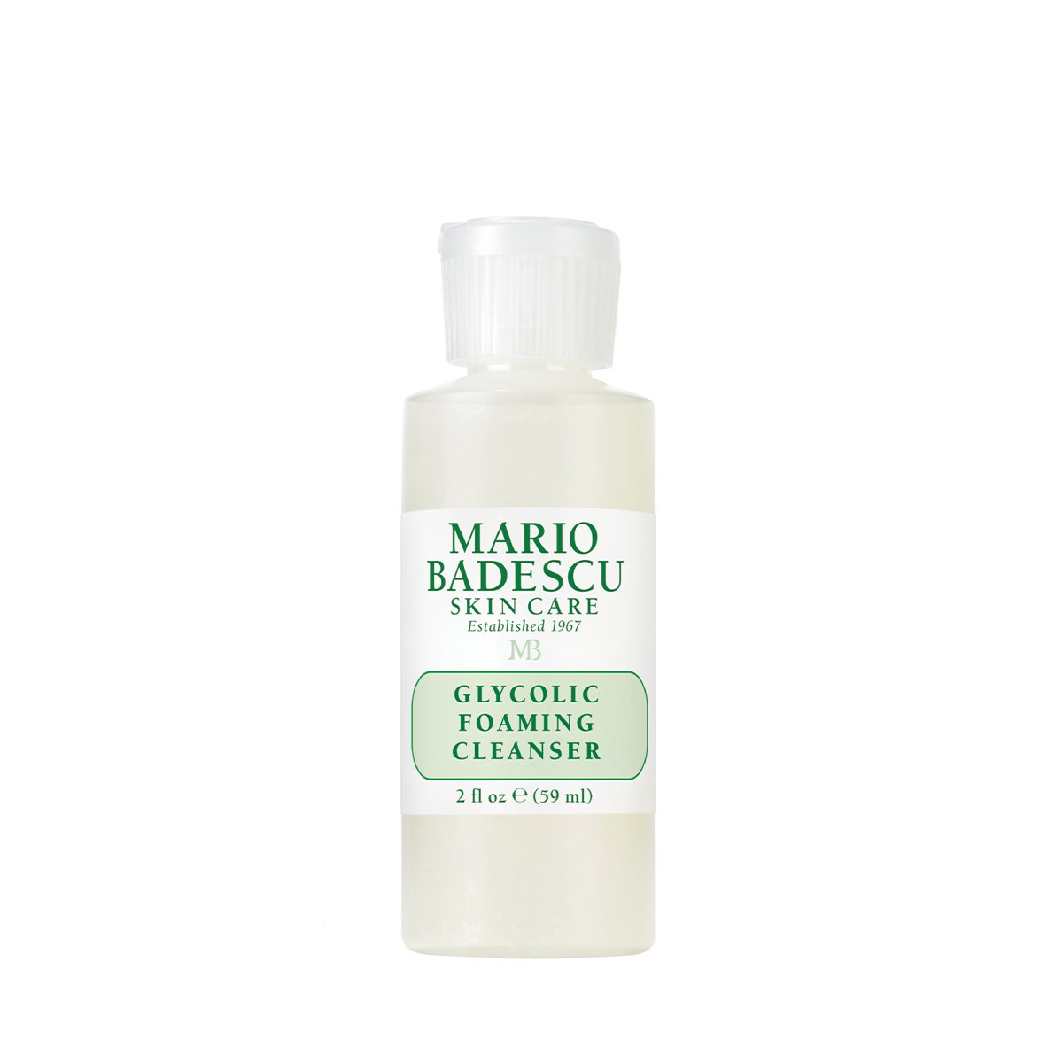 Flasche Mario Badescu Glycolic Foaming Cleanser, 59 ml, auf weißem Hintergrund.