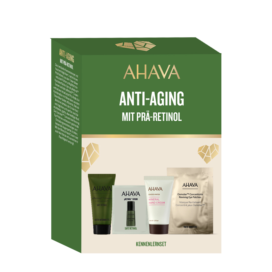 0697045016501 AHAVA Anti-Aging Set mit Prä-Retinol, vier Produkte in grüner Verpackung.