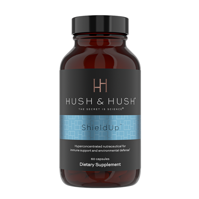 HUSH & HUSH ShieldUp Nahrungsergänzungsmittel, 60 Kapseln, braune Flasche mit blauem Etikett, unterstützt das Immunsystem.