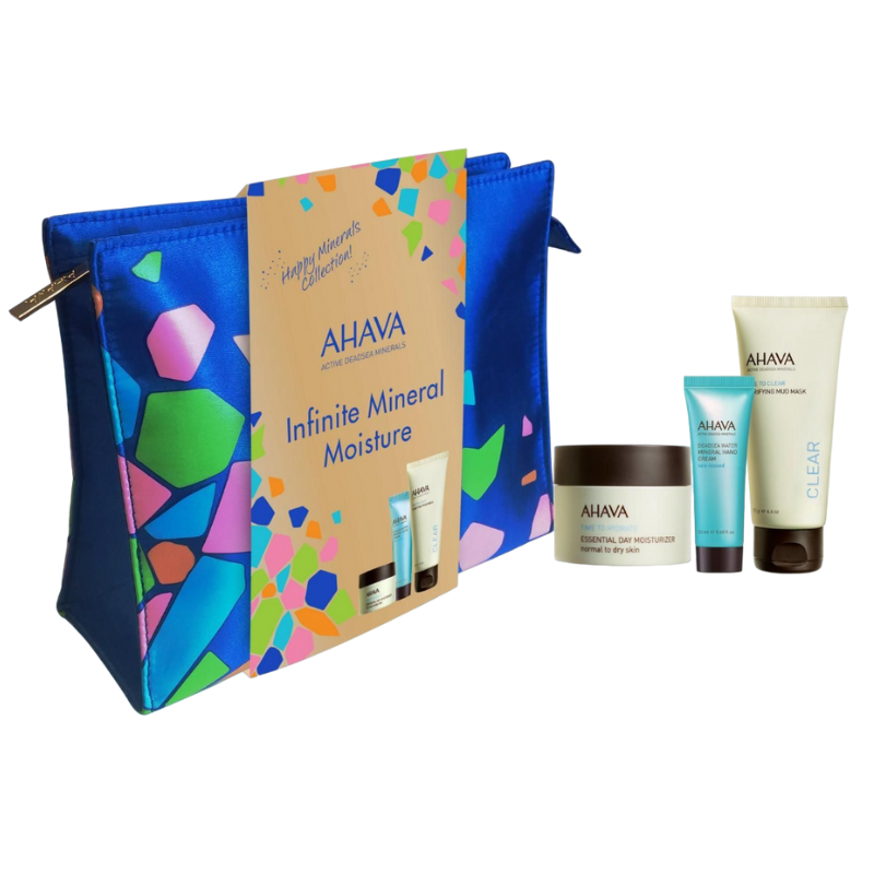 AHAVA-KIT-INFINITE-MINERAL-MOISTURE AHAVA Infinite Mineral Moisture Kit mit bunter Kosmetiktasche, Feuchtigkeitscreme, Handcreme und Gesichtsmaske.