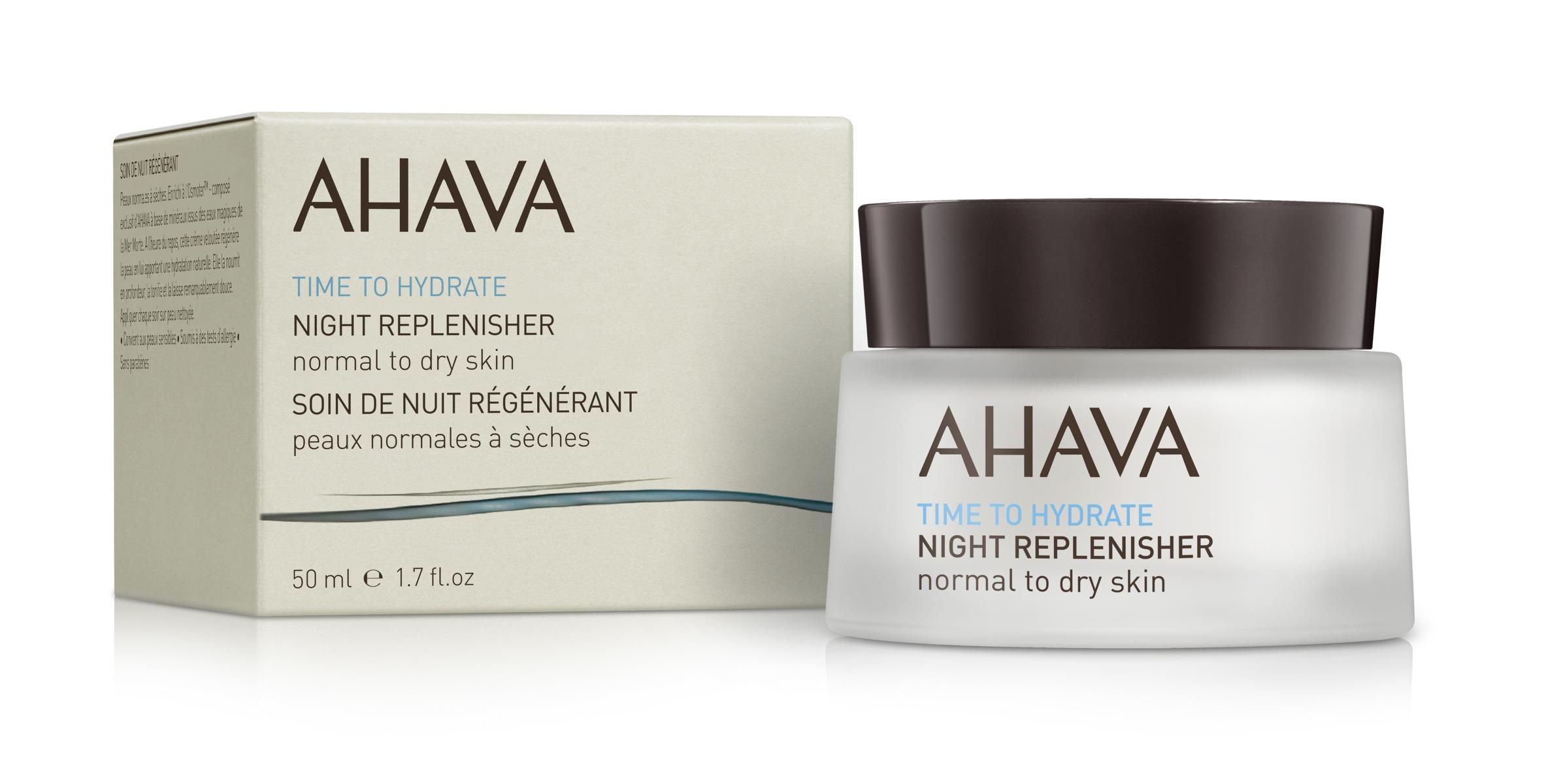 image_107878_1 AHAVA Time to Hydrate Nachtcreme für normale bis trockene Haut, 50 ml, neben der Verpackung.