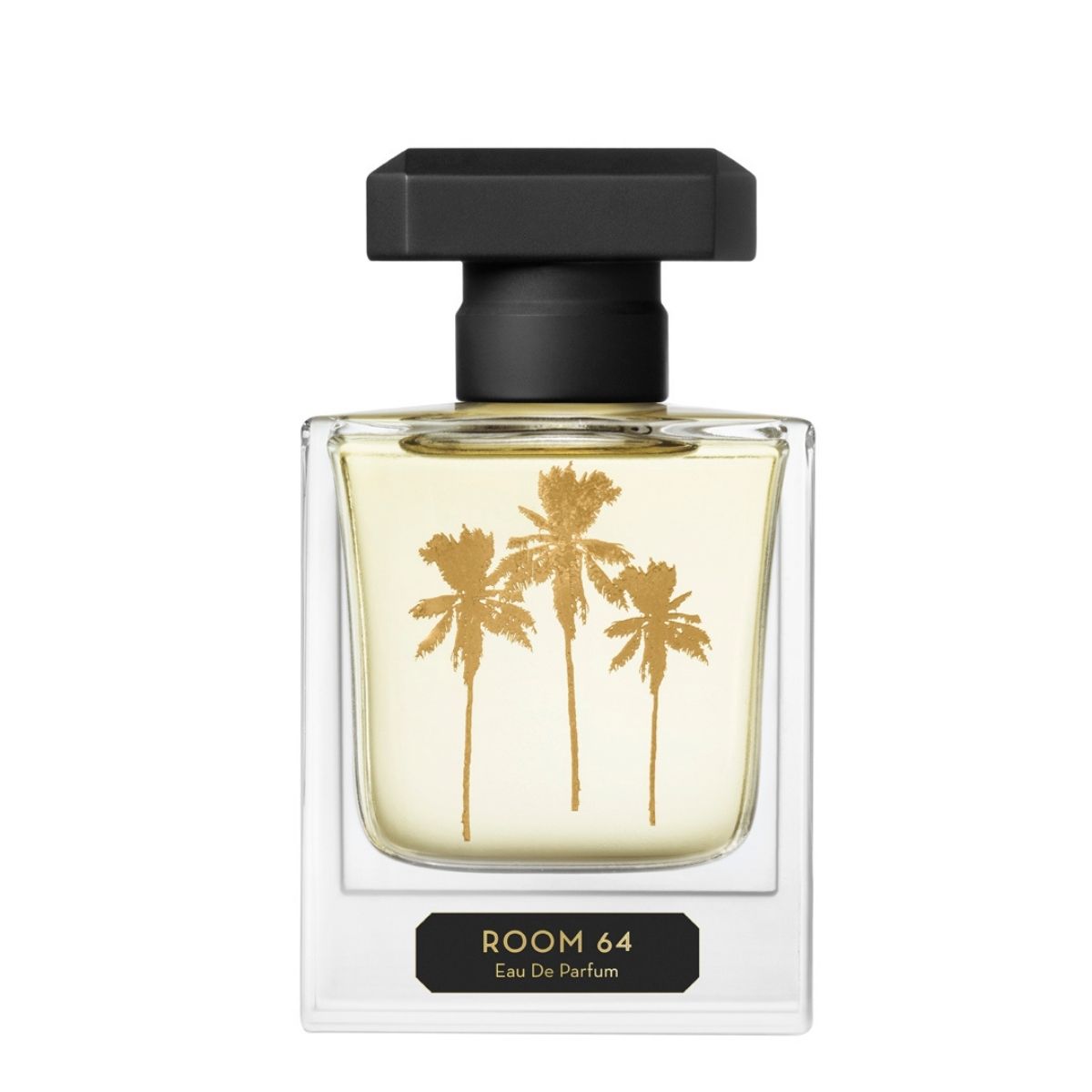 Flakon des Parfums 'Room 64 Eau De Parfum' mit goldenen Palmen auf der Vorderseite.