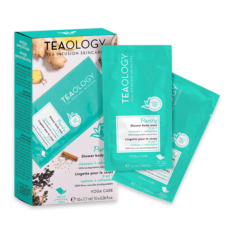 TEAOLOGY Purity Duschpflege-Set, bestehend aus einer Box und zwei Duschpflege-Tüchern, auf weißem Hintergrund.
