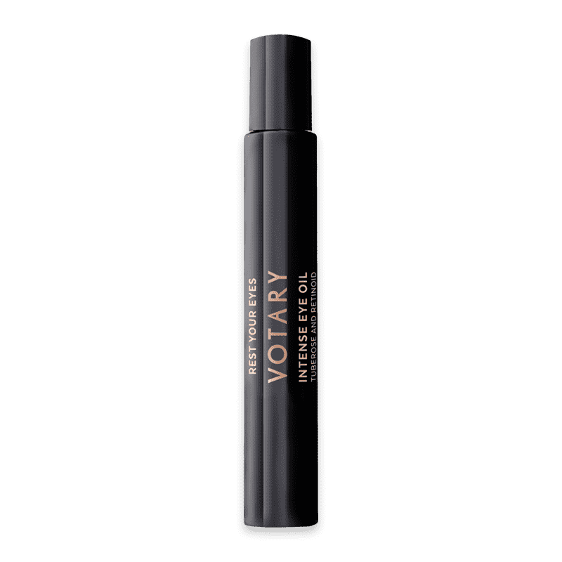 Schwarze Flasche Votary Intense Eye Oil mit goldener Schrift auf weißem Hintergrund.