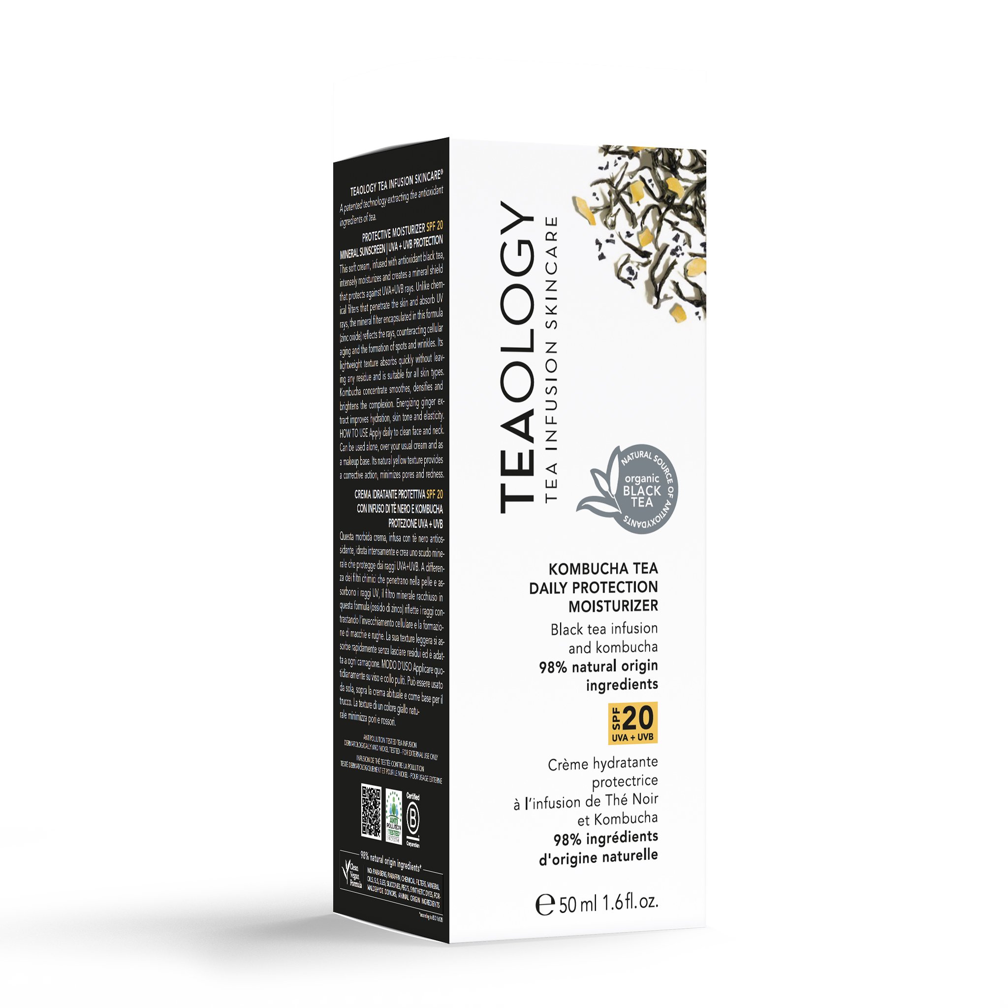 TEAOLOGY Kombucha Tea Daily Protection Moisturizer SPF 20, 50 ml, Verpackung mit schwarzem Tee-Infusionsdesign.