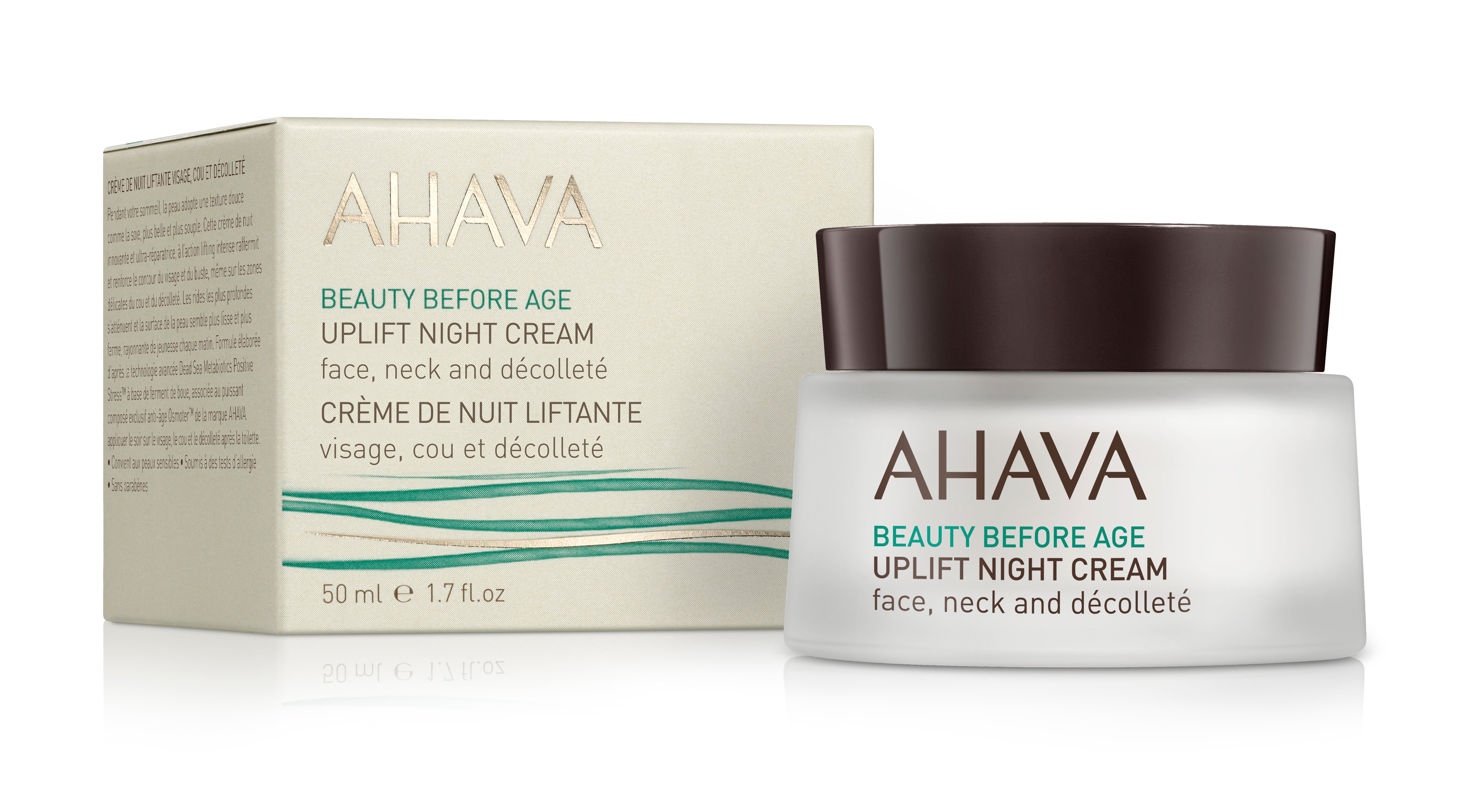AHAVA Uplift Night Cream für Gesicht, Hals und Dekolleté, 50 ml, in Glasbehälter mit Verpackung.