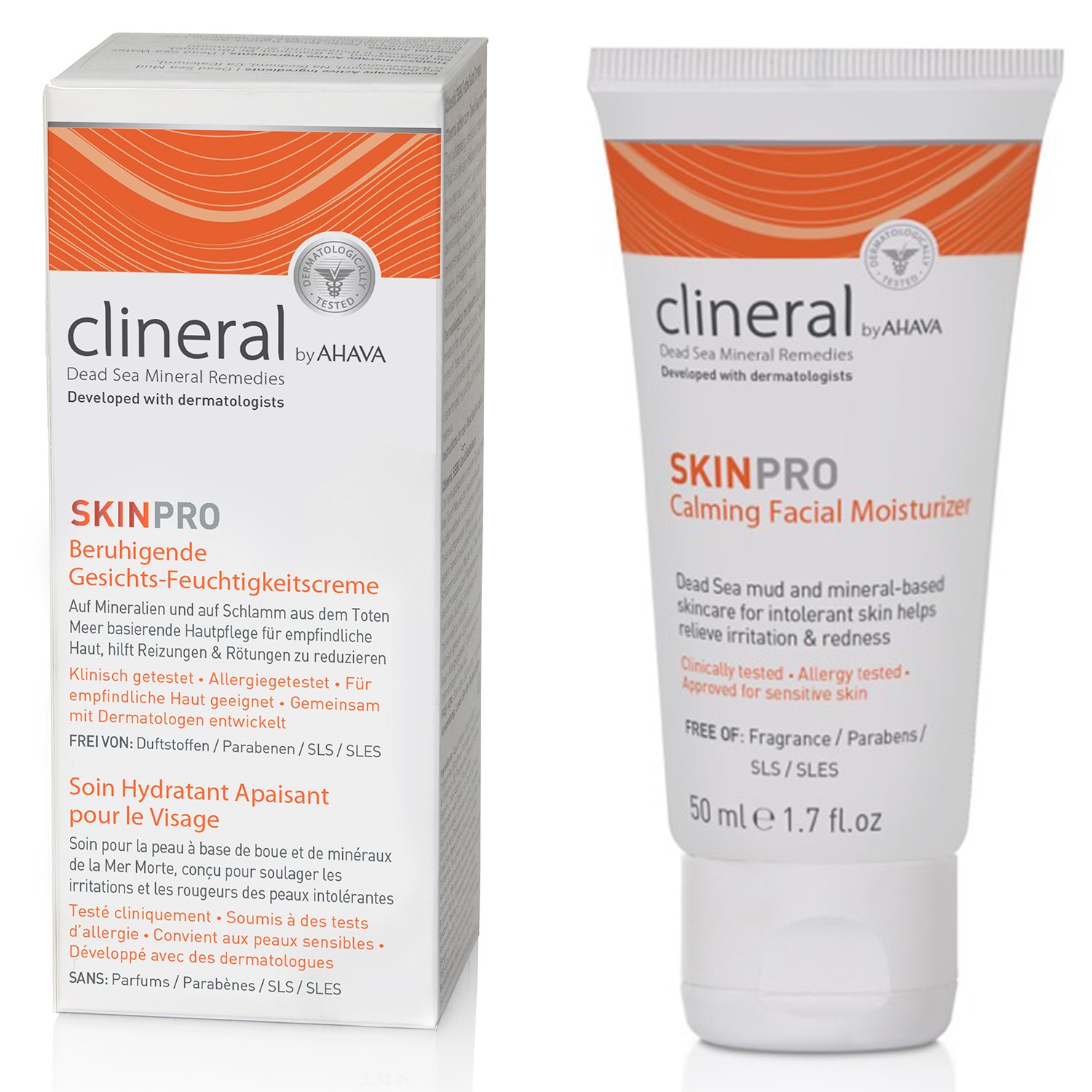 Clineral SKINPRO Beruhigende Gesichts-Feuchtigkeitscreme, 50 ml Tube und Verpackung, entwickelt mit Dermatologen.