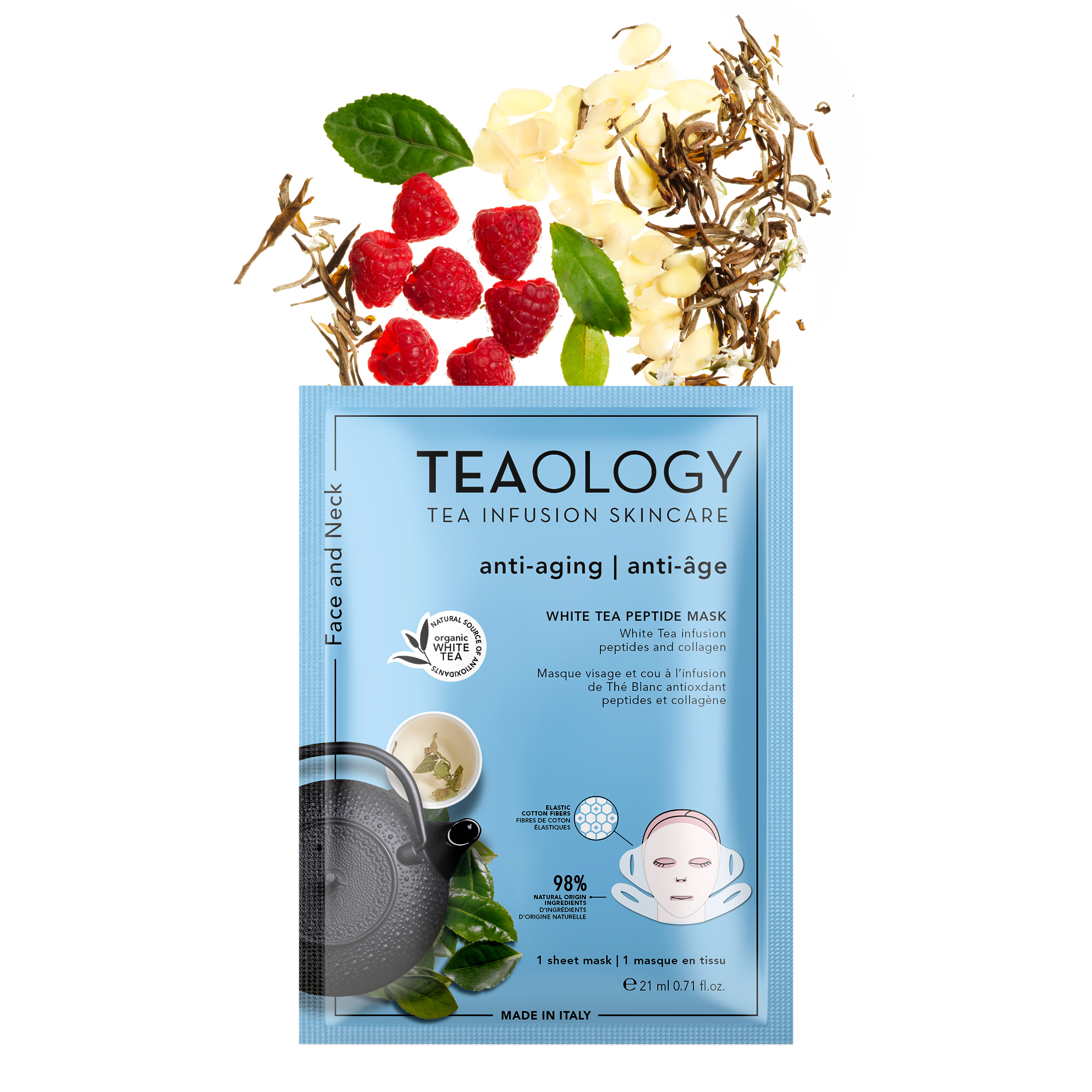 TEAOLOGY White Tea Peptide Mask, Anti-Aging, 21 ml, Verpackung mit Teeblättern, Himbeeren und Blüten im Hintergrund.