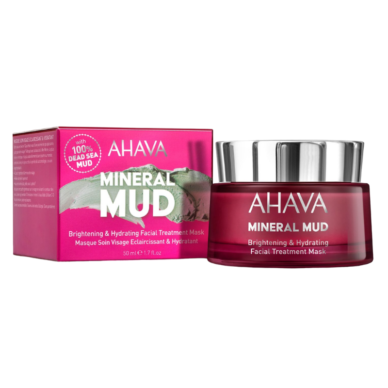 AHAVA-BRIGHTENING-_-HYDRATION-FACIAL-TREATMENT-MASK AHAVA Mineral Mud Brightening & Hydrating Facial Treatment Mask in roter Verpackung und Glasbehälter.
