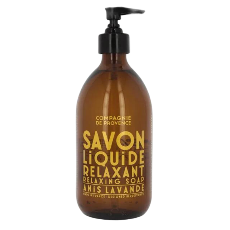 Braune Flasche mit Flüssigseife, Aufschrift 'Savon Liquide Relaxant Anis Lavande', schwarze Pumpe, Marke 'Compagnie de Provence'.