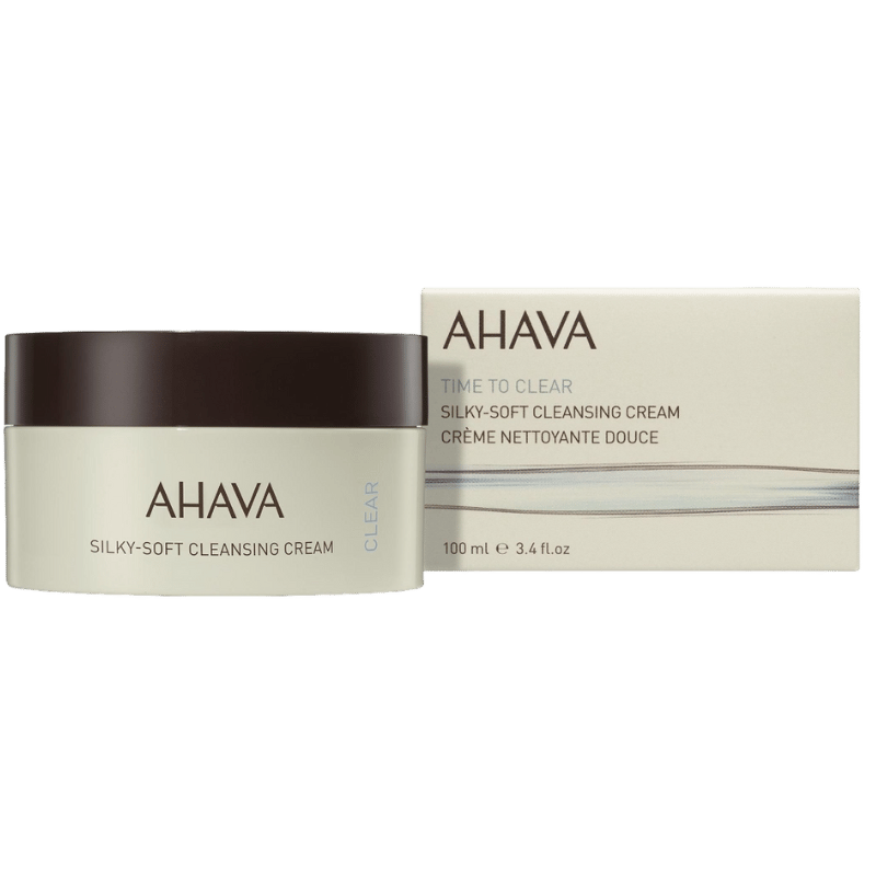 AHAVA Silky-Soft Cleansing Cream, 100 ml, in einer runden Dose neben der Produktverpackung.