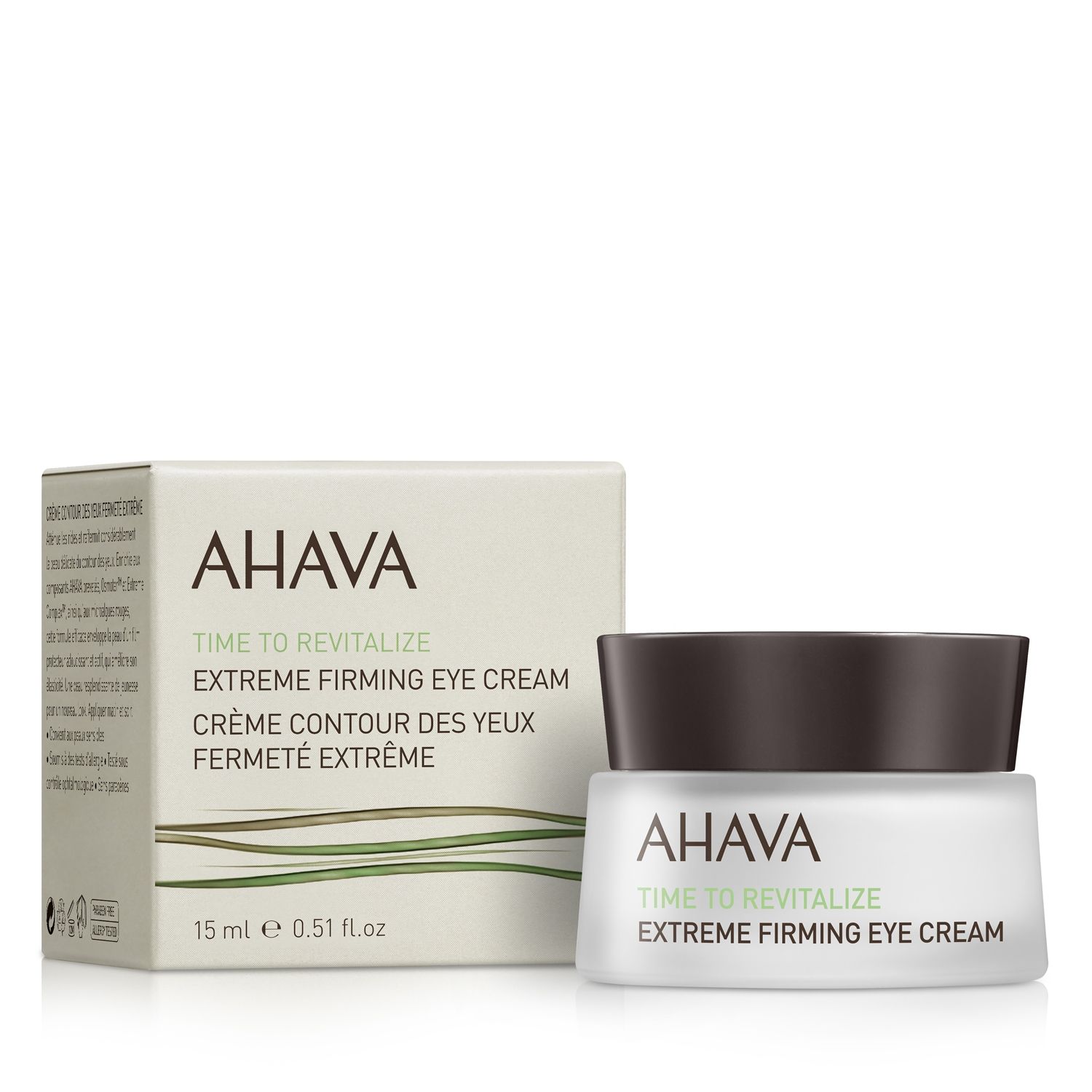 image_114120_1 AHAVA Extreme Firming Eye Cream 15 ml, Verpackung und Tiegel, auf weißem Hintergrund.