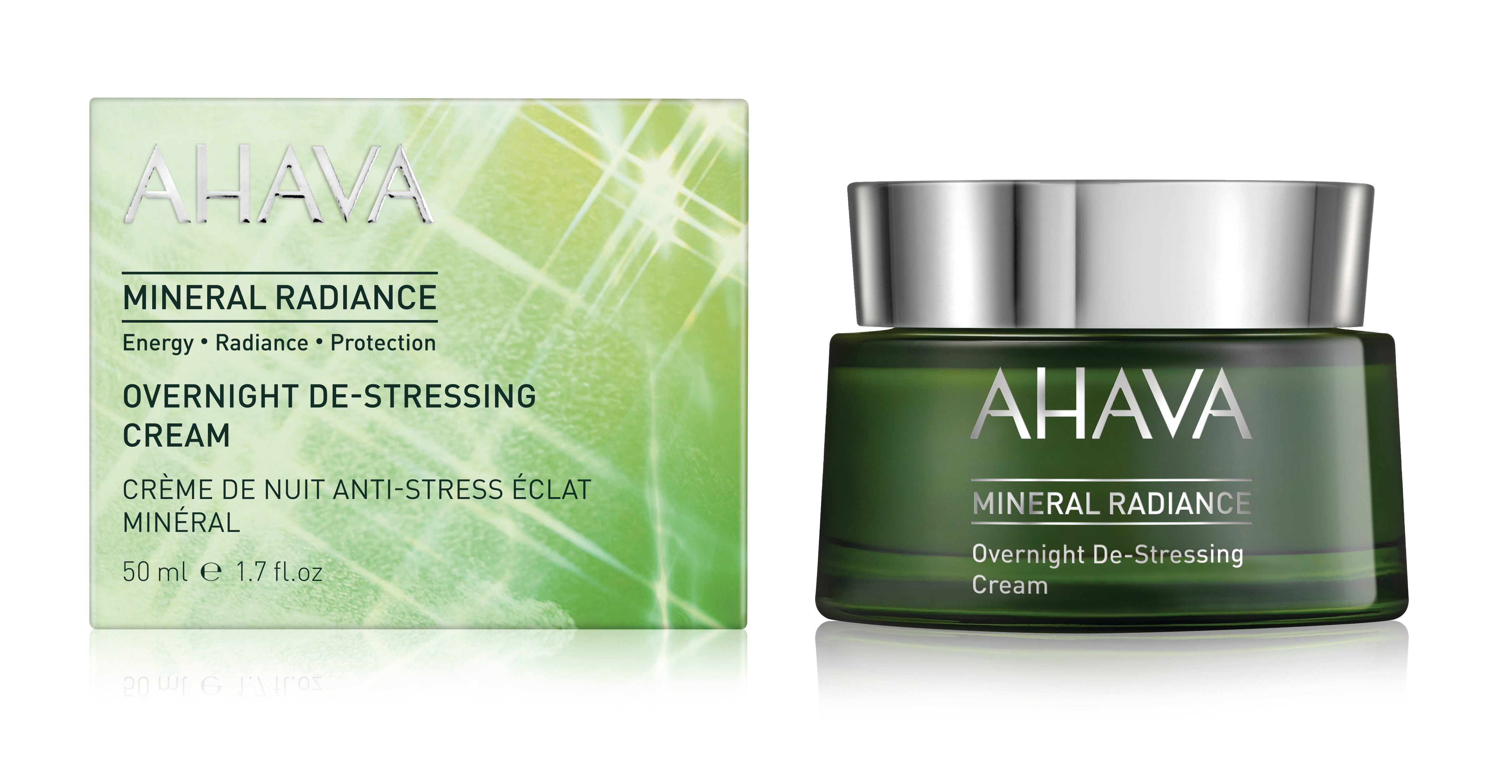 AHAVA Mineral Radiance Overnight De-Stressing Cream, 50 ml, grüne Verpackung und Tiegel, auf weißem Hintergrund.