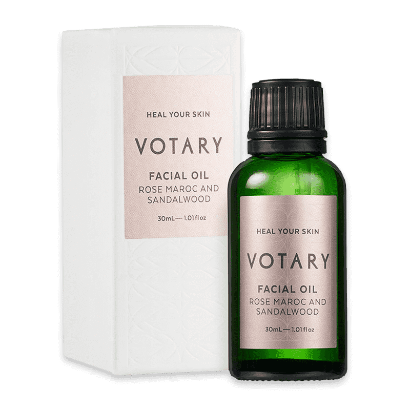 VOTARY Gesichtsöl Rose Maroc und Sandelholz, 30ml Flasche und Verpackung.