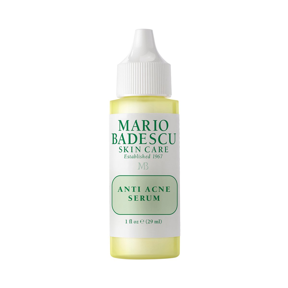 13430_0 Flasche Mario Badescu Anti-Akne-Serum, 29 ml, mit weißem Verschluss und grünem Etikett.