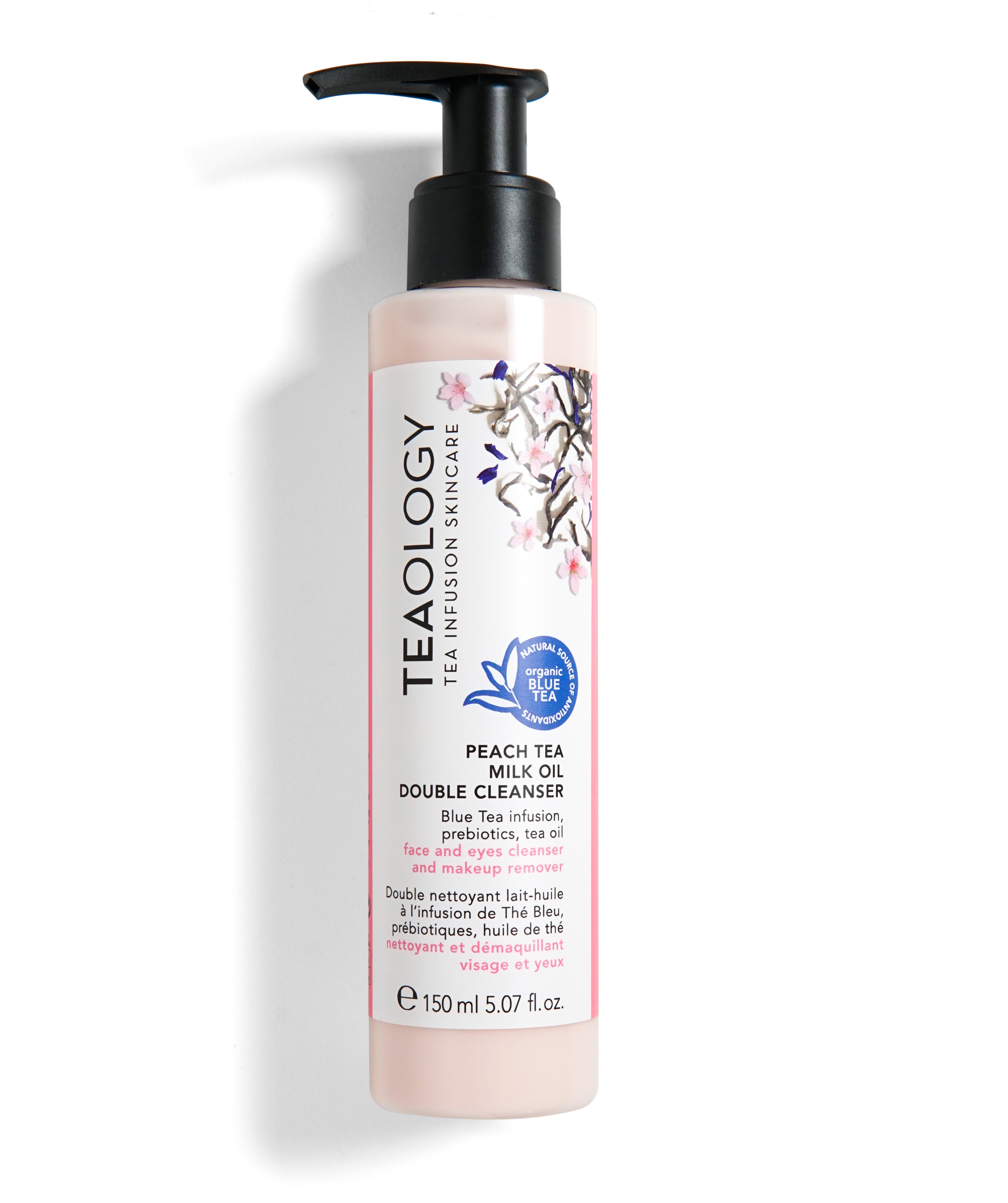 Flasche Teaology Peach Tea Milk Oil Double Cleanser, 150 ml, auf weißem Hintergrund.