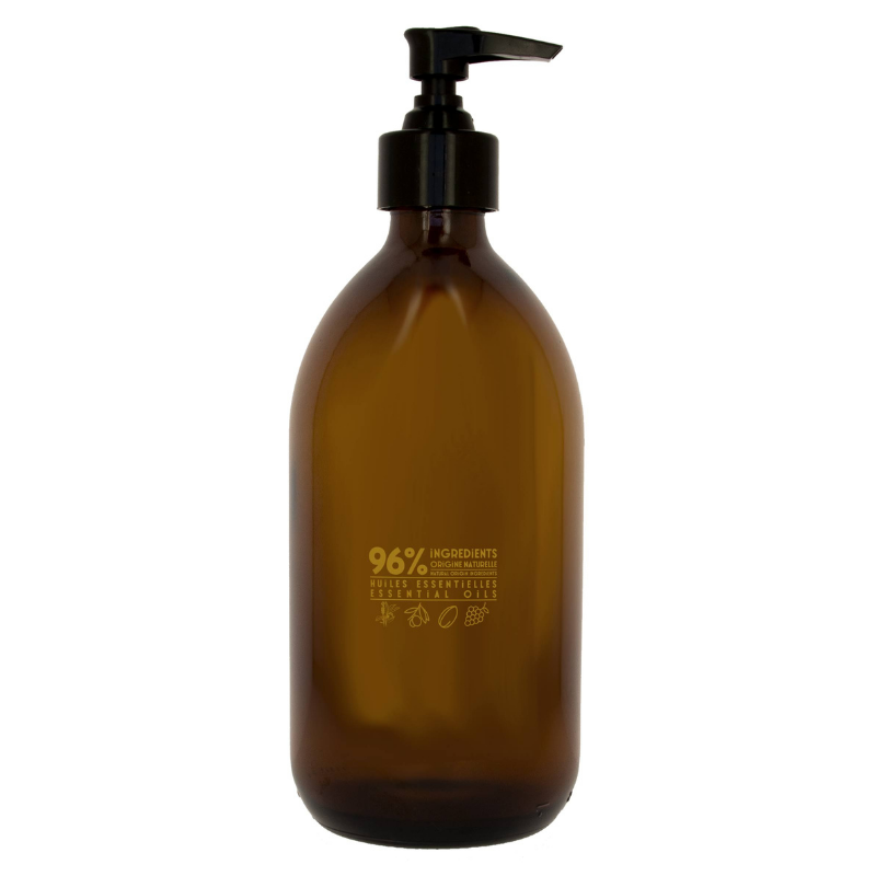 Braune Flasche mit Flüssigseife, 300 ml, Anis und Lavendel, 96% natürliche Inhaltsstoffe, schwarzer Pumpverschluss.