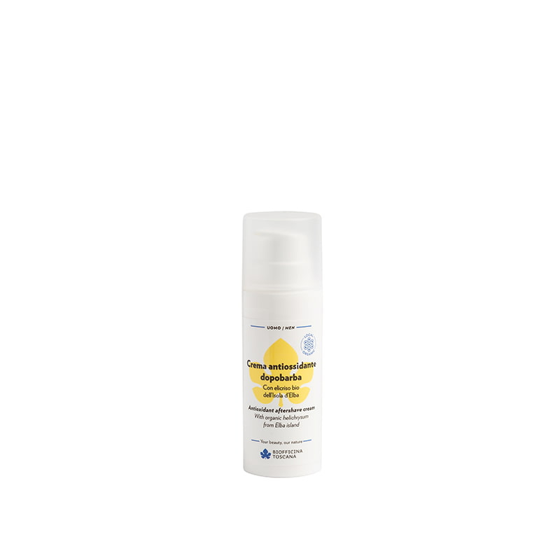 antioxidant-aftershave-cream Antioxidative Aftershave-Creme in weißer Flasche mit Pumpverschluss, Produkt von Biofficina Toscana.