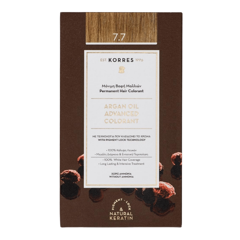 KORRES Argan Oil Haarfarbe 7.7 Moccha, Verpackungsvorderseite, brauner Hintergrund, Text in Weiß und Gold.