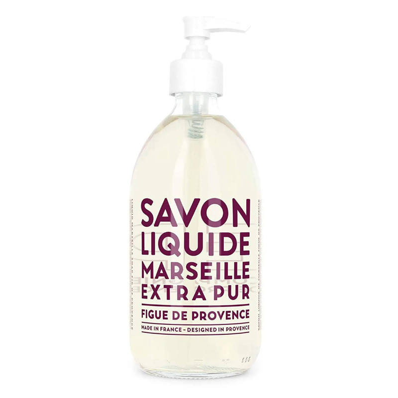 Flasche flüssige Seife aus Marseille, 495 ml, Duft Feige der Provence, transparent mit weißem Pumpspender.
