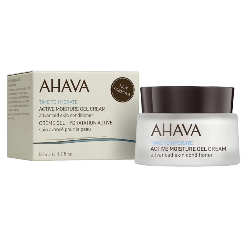 AHAVA-ACTIVE-MOISTURE-GEL-CREAM AHAVA Active Moisture Gel Cream, 50 ml, fortschrittliche Hautpflege, Produktbild mit Verpackung.